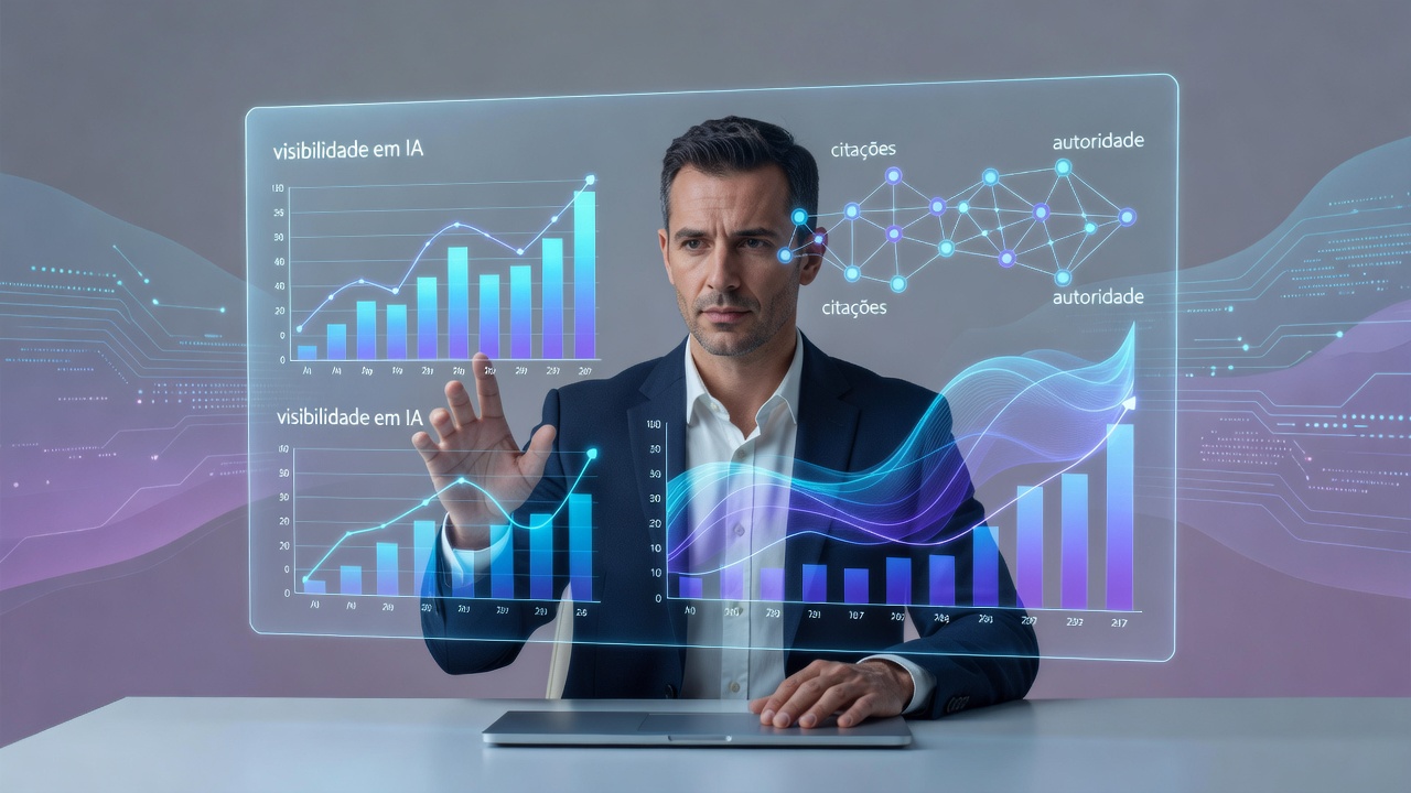Illustration d’un marketeur analysant des graphiques de visibilité IA dans une interface futuriste