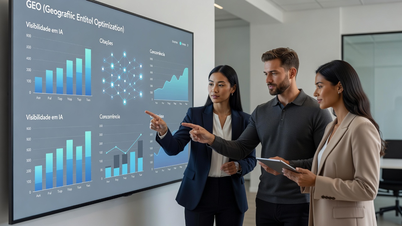 Marketing team analyzing GEO dashboards, AI visibility, and citations in a strategic dashboard
