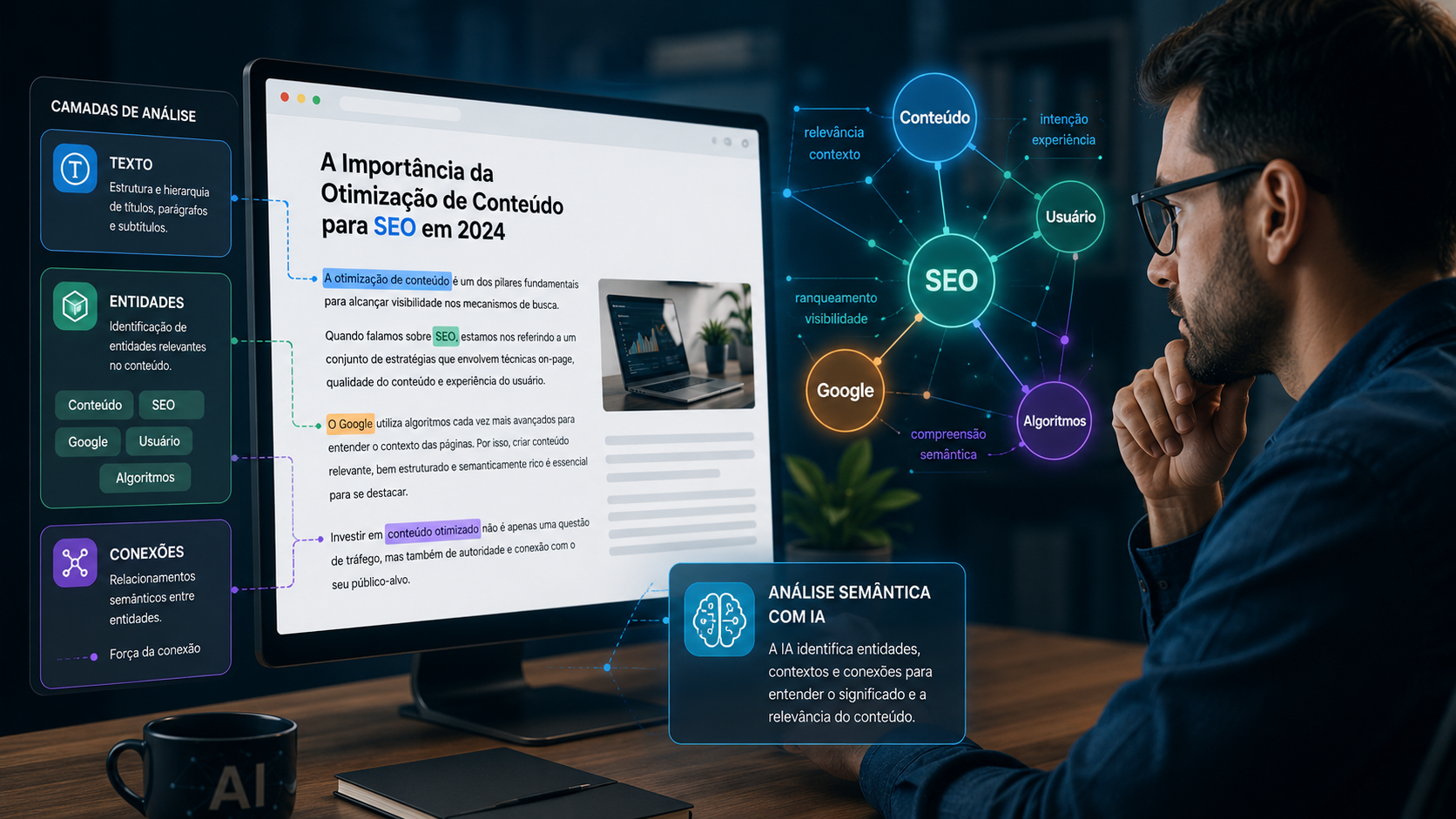 Profissional analisando uma página de conteúdo com camadas de texto, entidades e conexões semânticas destacadas por elementos de IA