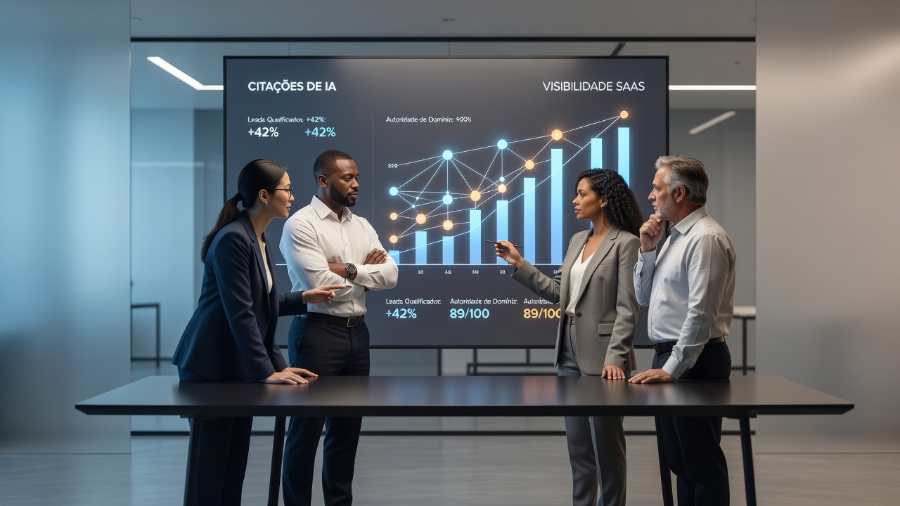 Equipo de marketing analizando citas de IA y visibilidad de un SaaS B2B en un dashboard