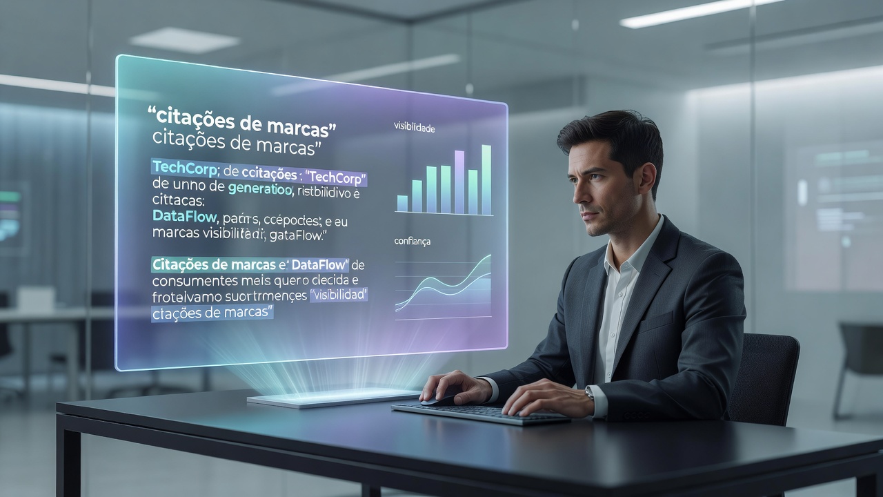 Professionnel du marketing analysant une réponse générative sur un écran avec des citations de marques et des graphiques de visibilité
