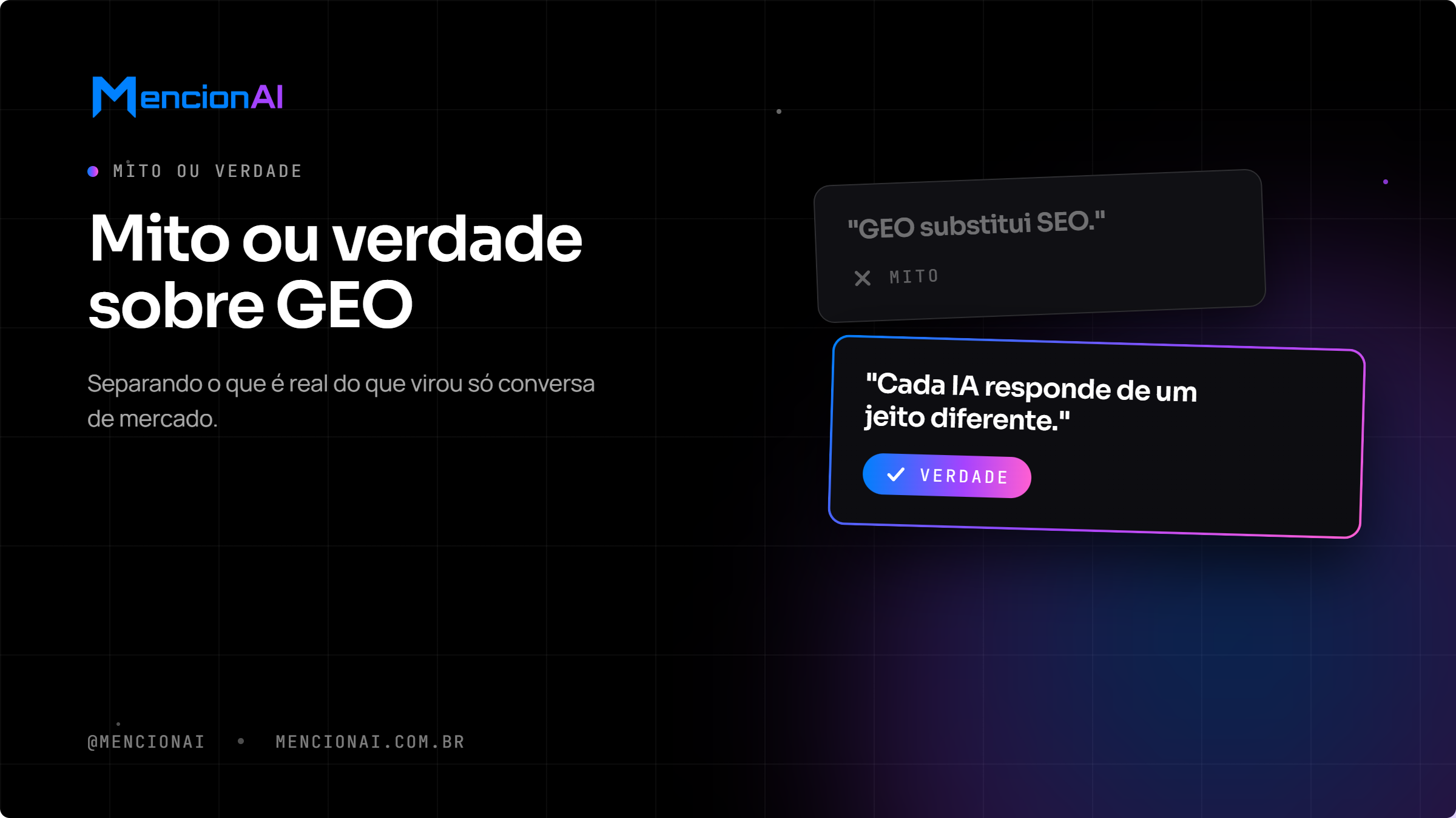 Ilustração conceitual mostrando mitos e verdades sobre GEO com elementos de IA e busca generativa
