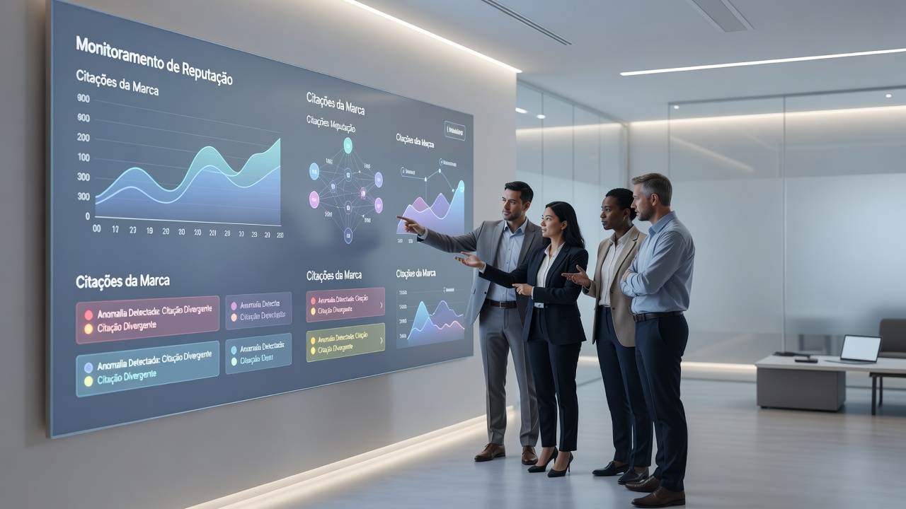 Equipo analizando respuestas de IA en dashboards de monitoreo de reputación y citas de la marca