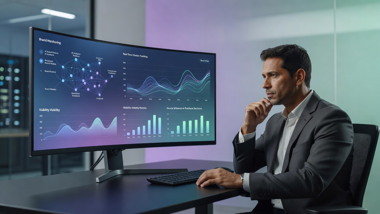 Profissional analisando menções de marca em dashboards de inteligência artificial e monitoramento de visibilidade
