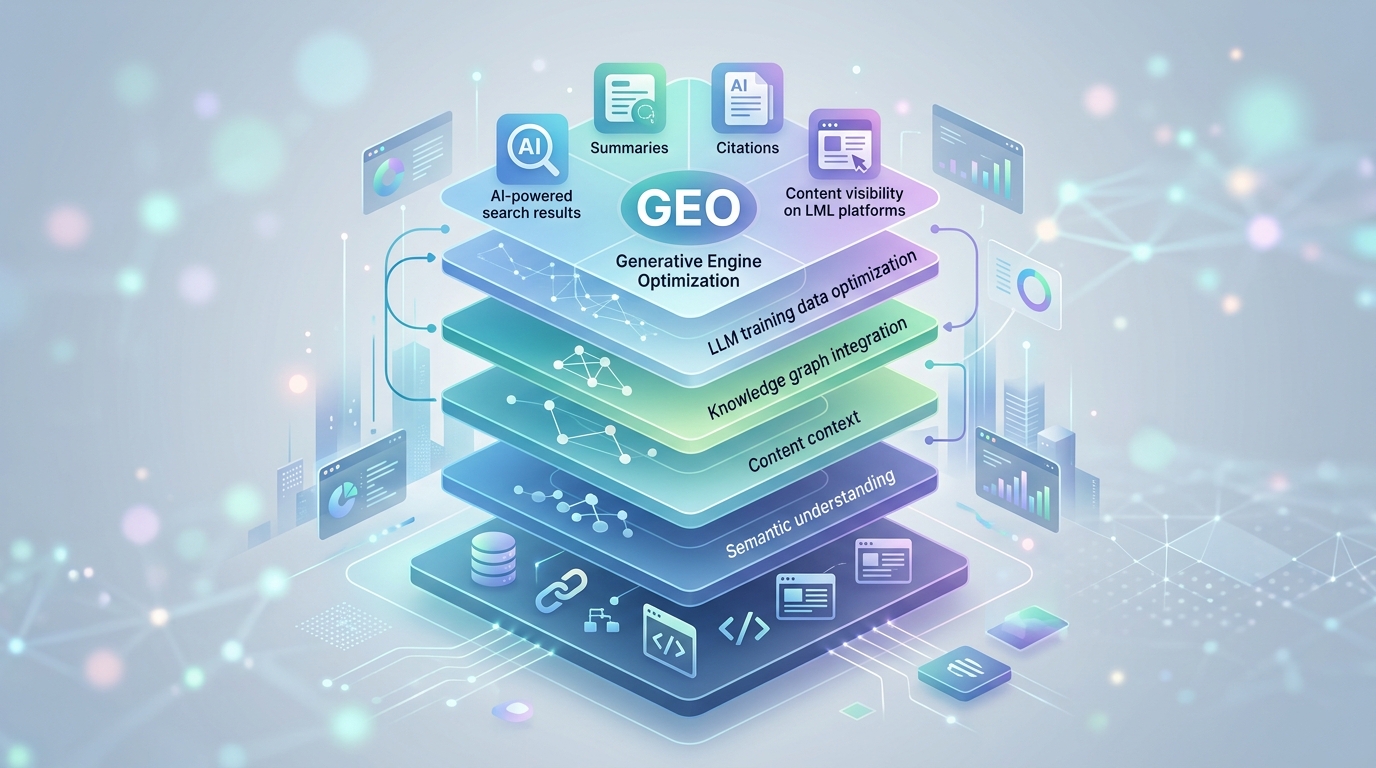 Illustration of the layers of Generative Engine Optimization (GEO)